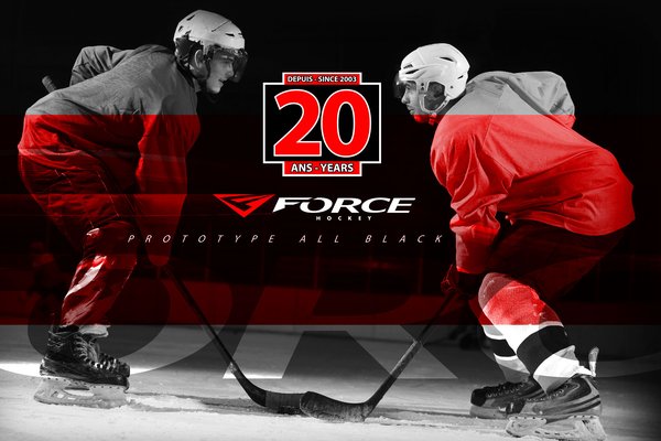Bannière promotionnelle de Force Hockey soulignant ses 20 ans et mettant en avant des bâtons de hockey performants, légers et abordables.