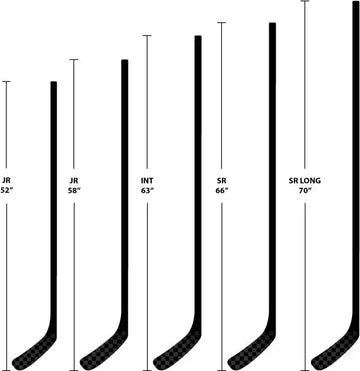 Bâtons de hockey noirs de longueurs variées et avec des étiquettes indiquant leurs niveaux de taille.